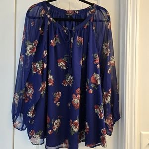 Lucky Brand Blue Floral Print Raglan Blouse 3X